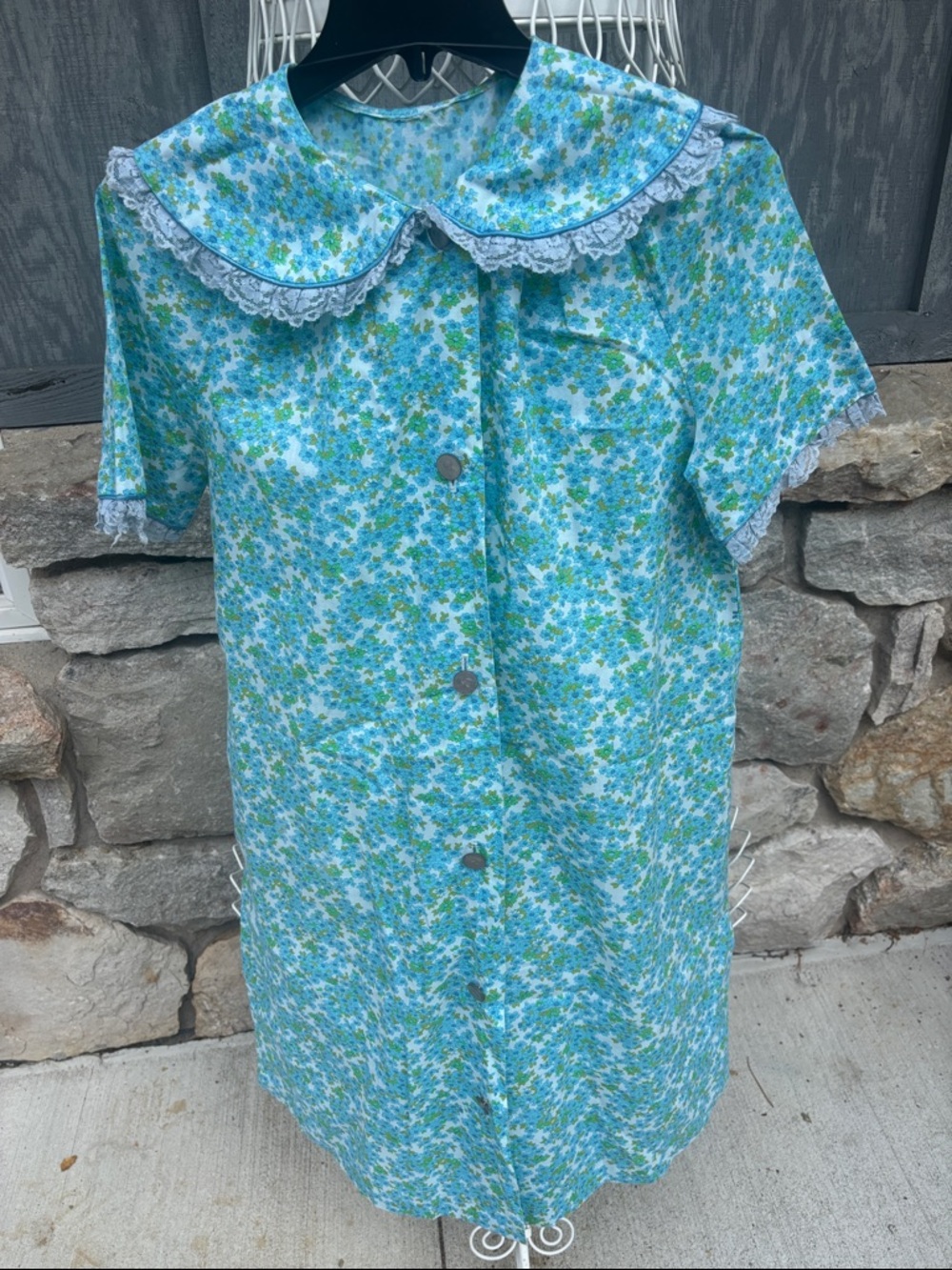 Vintage Blue Floral Button-Front Pajama Nightgown House Coat MuMu